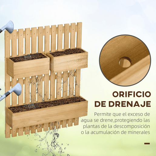 Outsunny Floreira de Parede com Treliça, Floreira Grande de Madeira com 3 Vasos Móveis e Orifício de Drenagem, para Exterior, Jardim, Terraço, Pátio, 60x16x80 cm, Natural