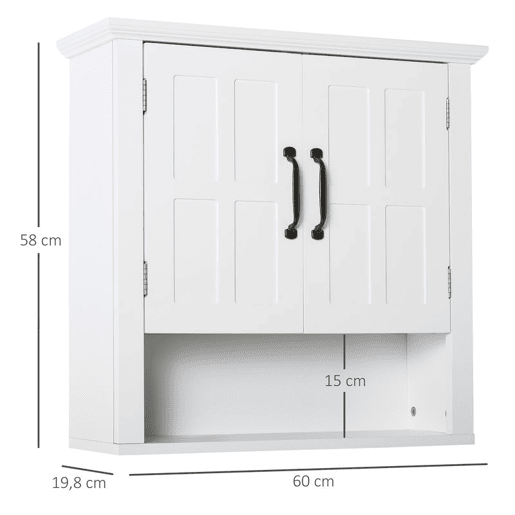 HOMCOM Armário de Parede para Casa de Banho Móvel Suspenso para Casa de Banho com 2 Portas e Prateleira Ajustável e Armazenamento Aberto 60x19,8x58 cm Branco