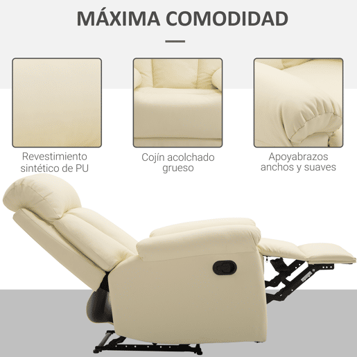 HOMCOM Poltrona Relax Reclinável Estofado em PU Poltrona de Sala de Estar com Apoio para os Pés Retrátil Encosto Alto Apoio para os Braços e Assento Acolchoado Grosso 80x97x107cm Bege