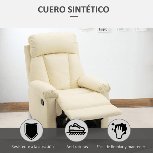 HOMCOM Poltrona Relax Reclinável Estofado em PU Poltrona de Sala de Estar com Apoio para os Pés Retrátil Encosto Alto Apoio para os Braços e Assento Acolchoado Grosso 80x97x107cm Bege