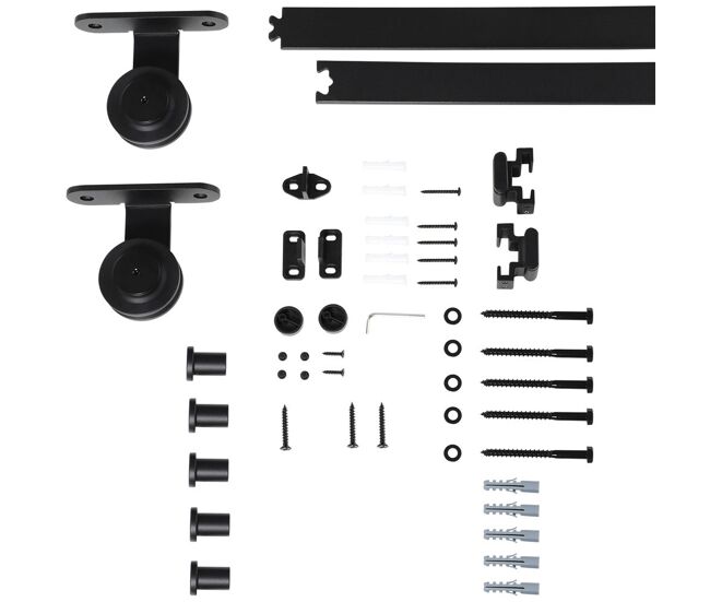 Homcom herrajes para puertas correderas 200 cm, kit de accesorios para puerta corredera con 2 rieles de acero al carbono, guía de suelo, 2 topes, dispositivo antideslizante, para garaje armario negro
