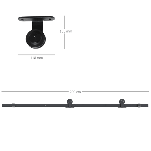 HOMCOM Ferragem para Porta de Correr 200cm Kit de Acessórios para Porta Corredeira com 2 Trilhos de Aço de Carbono Carga Máxima 100kg 200x40x0,6cm Preto