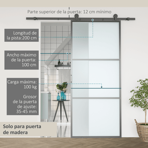 HOMCOM Ferragem para Porta de Correr 200cm Kit de Acessórios para Porta Corredeira com 2 Trilhos de Aço de Carbono Carga Máxima 100kg 200x40x0,6cm Preto