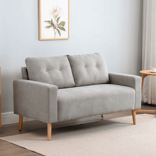 HOMCOM Sofá de 2 Lugares Sofá Moderno Estofado em Poliéster com 2 Almofadas Apoio para os Braços e Pés de Madeira de Borracha para Dormitório Escritório 145x76x88 cm Cinza