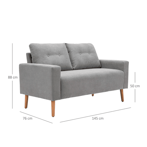 HOMCOM Sofá de 2 Lugares Sofá Moderno Estofado em Poliéster com 2 Almofadas Apoio para os Braços e Pés de Madeira de Borracha para Dormitório Escritório 145x76x88 cm Cinza