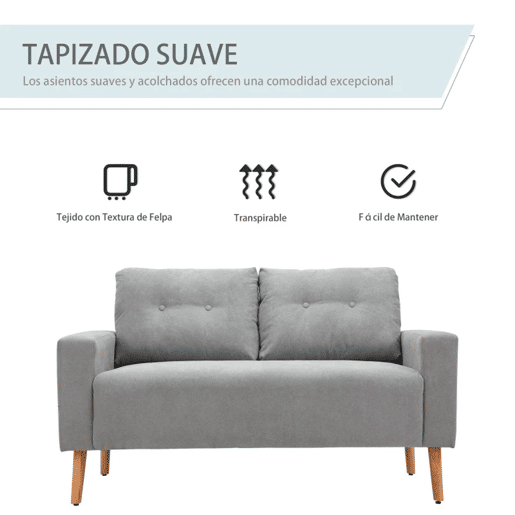 HOMCOM Sofá de 2 Lugares Sofá Moderno Estofado em Poliéster com 2 Almofadas Apoio para os Braços e Pés de Madeira de Borracha para Dormitório Escritório 145x76x88 cm Cinza
