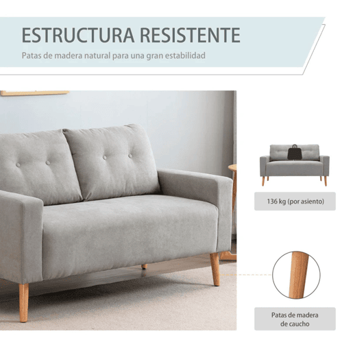HOMCOM Sofá de 2 Lugares Sofá Moderno Estofado em Poliéster com 2 Almofadas Apoio para os Braços e Pés de Madeira de Borracha para Dormitório Escritório 145x76x88 cm Cinza
