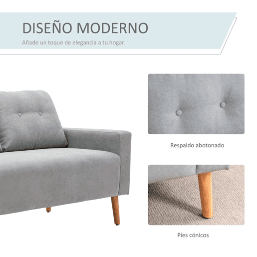 HOMCOM Sofá de 2 Lugares Sofá Moderno Estofado em Poliéster com 2 Almofadas Apoio para os Braços e Pés de Madeira de Borracha para Dormitório Escritório 145x76x88 cm Cinza