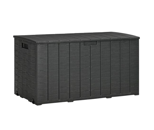 Outsunny baúl de almacenamiento exterior 366l arcón para jardín de plástico de doble pared impermeable anti-uv con ruedas y asas para terraza patio
