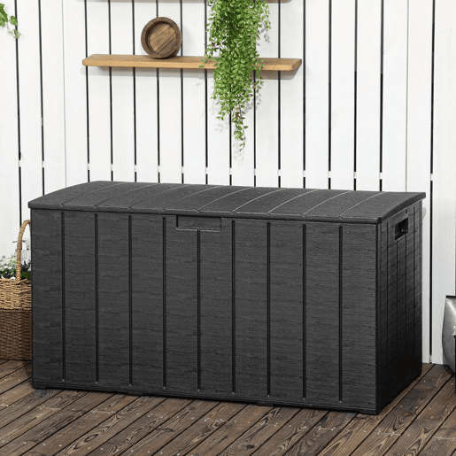 Outsunny Baú de Armazenamento Exterior 366L Baú para Jardim de Plástico de Parede Dupla com Rodas Alças para Varanda Pátio Carga Máxima 100 kg 122,4x62x64,5 cm Preto