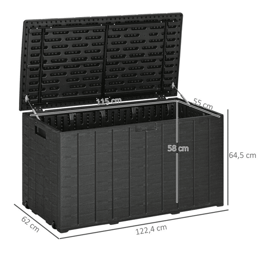 Outsunny Baú de Armazenamento Exterior 366L Baú para Jardim de Plástico de Parede Dupla com Rodas Alças para Varanda Pátio Carga Máxima 100 kg 122,4x62x64,5 cm Preto