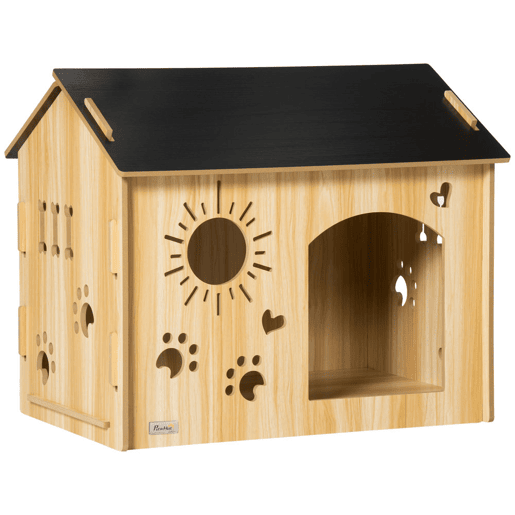 PawHut Casa de Madeira para Cães Pequenos Casa para Animais de Estimação com Porta Dianteira Desenhos em Forma de Sol Coração Pata 69x50x58,5cm Madeira e Preto