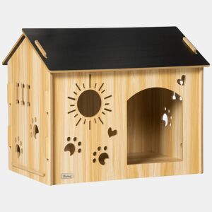 PawHut Casa de Madeira para Cães Pequenos Casa para Animais de Estimação com Porta Dianteira Desenhos em Forma de Sol Coração Pata 69x50x58,5cm Madeira e Preto