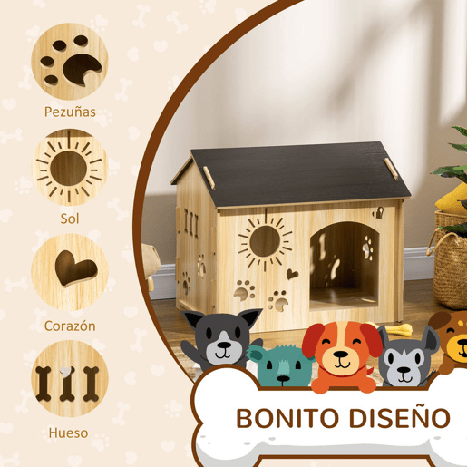 PawHut Casa de Madeira para Cães Pequenos Casa para Animais de Estimação com Porta Dianteira Desenhos em Forma de Sol Coração Pata 69x50x58,5cm Madeira e Preto