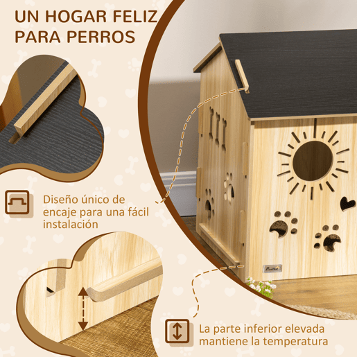 PawHut Casa de Madeira para Cães Pequenos Casa para Animais de Estimação com Porta Dianteira Desenhos em Forma de Sol Coração Pata 69x50x58,5cm Madeira e Preto