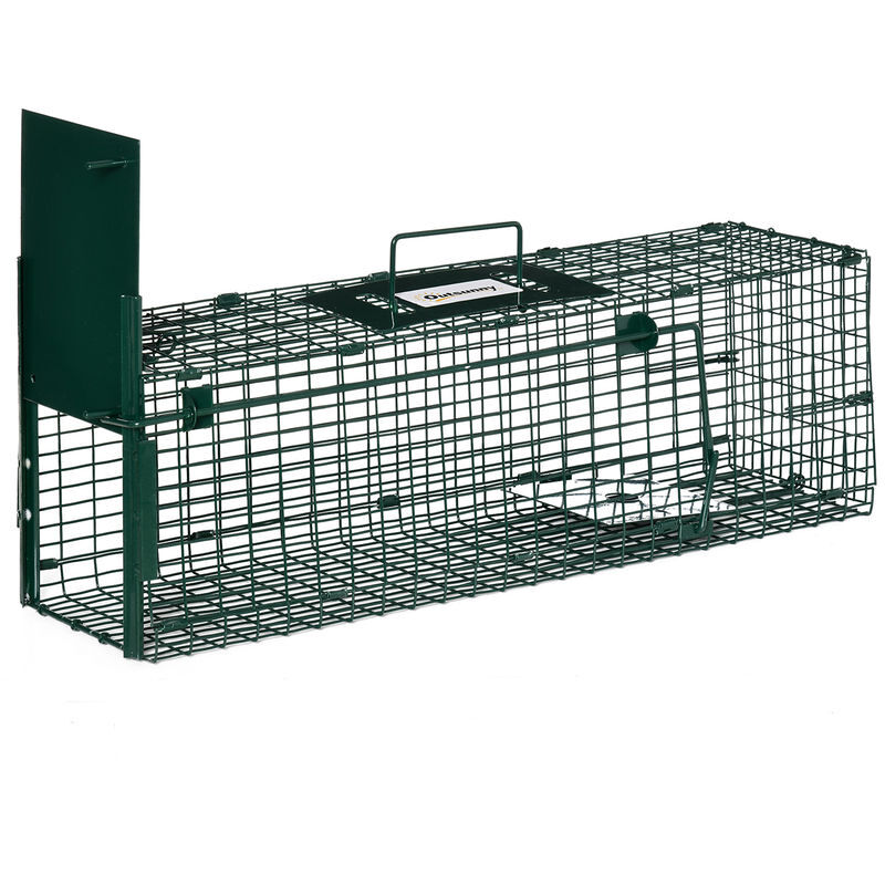 Outsunny trampa para animales vivos 60x18x20 cm jaula trampa para gatos con puerta asa y marco de acero para ratones roedores verde oscuro