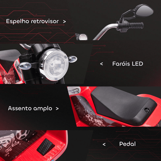 HOMCOM Motocicleta Elétrica Infantil com 3 Rodas Triciclo a Bateria 6V para Crianças de 18-36 Meses com Farol Buzina 72x57x56cm Vermelho HOMCOM Motocicleta Elétrica Infantil com 3 Rodas Triciclo a Bateria 6V para Crianças de 18-36 Meses com Farol Buzina 72x57x56cm Vermelho