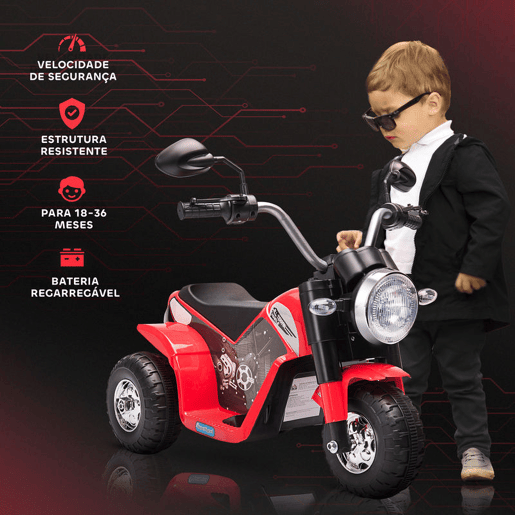 HOMCOM Motocicleta Elétrica Infantil com 3 Rodas Triciclo a Bateria 6V para Crianças de 18-36 Meses com Farol Buzina 72x57x56cm Vermelho HOMCOM Motocicleta Elétrica Infantil com 3 Rodas Triciclo a Bateria 6V para Crianças de 18-36 Meses com Farol Buzina 72x57x56cm Vermelho