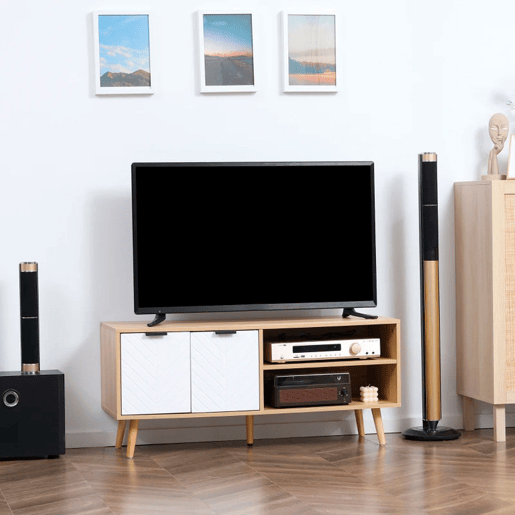 HOMCOM Móvel de TV Moderno Móvel de TV para Sala de Estar com 2 Portas e 2 Prateleiras de Armazenamento para Televisores de até 46 para Dormitório 110x39x48,8cm Madeira e Branco