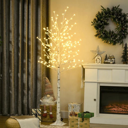 HOMCOM Árvore Cerejeira com 180 Luzes LED IP4 Banco Quente Candeeiro Decorativo com Flor de Cereja com Luz Ajustável em 3 Modos para Sala de Estar Festas Interiores 21,5x21,5x180cm Branco