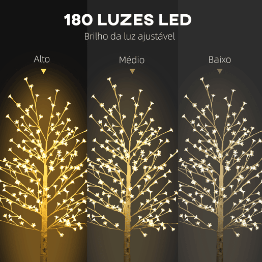 HOMCOM Árvore Cerejeira com 180 Luzes LED IP4 Banco Quente Candeeiro Decorativo com Flor de Cereja com Luz Ajustável em 3 Modos para Sala de Estar Festas Interiores 21,5x21,5x180cm Branco