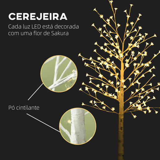 HOMCOM Árvore Cerejeira com 180 Luzes LED IP4 Banco Quente Candeeiro Decorativo com Flor de Cereja com Luz Ajustável em 3 Modos para Sala de Estar Festas Interiores 21,5x21,5x180cm Branco
