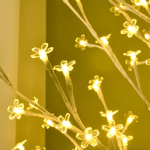 HOMCOM Árvore Cerejeira com 180 Luzes LED IP4 Banco Quente Candeeiro Decorativo com Flor de Cereja com Luz Ajustável em 3 Modos para Sala de Estar Festas Interiores 21,5x21,5x180cm Branco