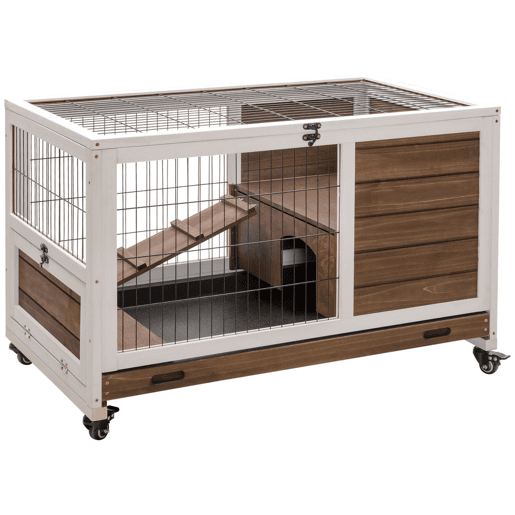 PawHut Coelheira de Madeira Gaiola de para Pequenos Animais Portátil com Teto Abatível Rampa Bandeja Removível para Coelhos da Índia 90x53x59cm Marrom