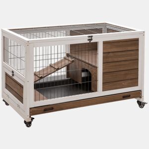 PawHut Coelheira de Madeira Gaiola de para Pequenos Animais Portátil com Teto Abatível Rampa Bandeja Removível para Coelhos da Índia 90x53x59cm Marrom