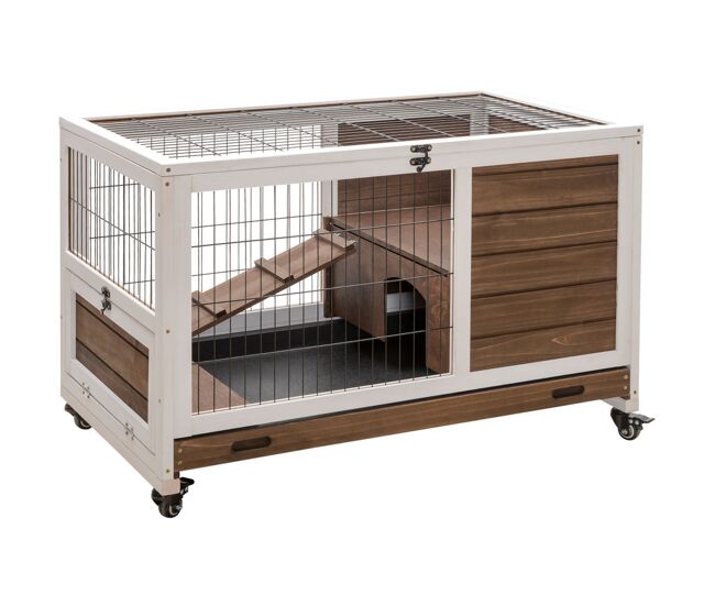 Pawhut jaula para conejos de madera conejera para mascotas pequeñas portátil interior con techo abrible rampa bandeja extraíble para conejillos de indias 90x53x59 cm marrón
