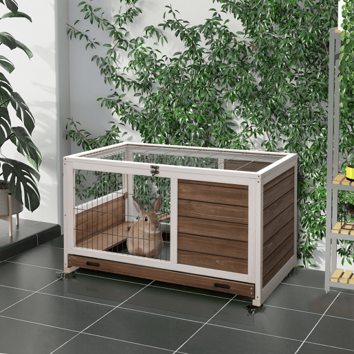 PawHut Coelheira de Madeira Gaiola de para Pequenos Animais Portátil com Teto Abatível Rampa Bandeja Removível para Coelhos da Índia 90x53x59cm Marrom