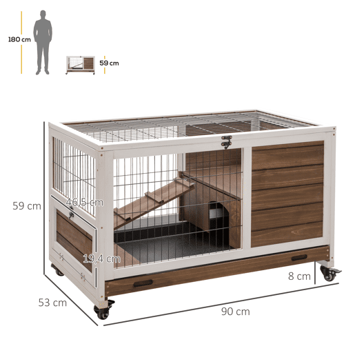 PawHut Coelheira de Madeira Gaiola de para Pequenos Animais Portátil com Teto Abatível Rampa Bandeja Removível para Coelhos da Índia 90x53x59cm Marrom