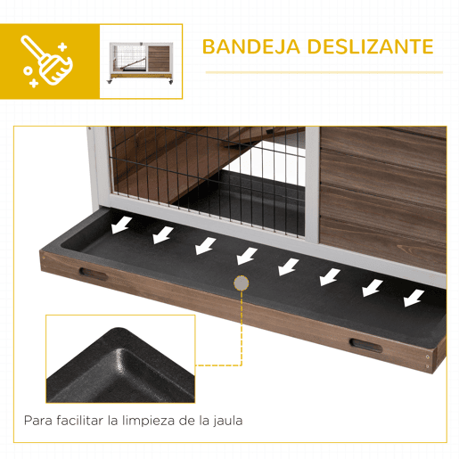 PawHut Coelheira de Madeira Gaiola de para Pequenos Animais Portátil com Teto Abatível Rampa Bandeja Removível para Coelhos da Índia 90x53x59cm Marrom