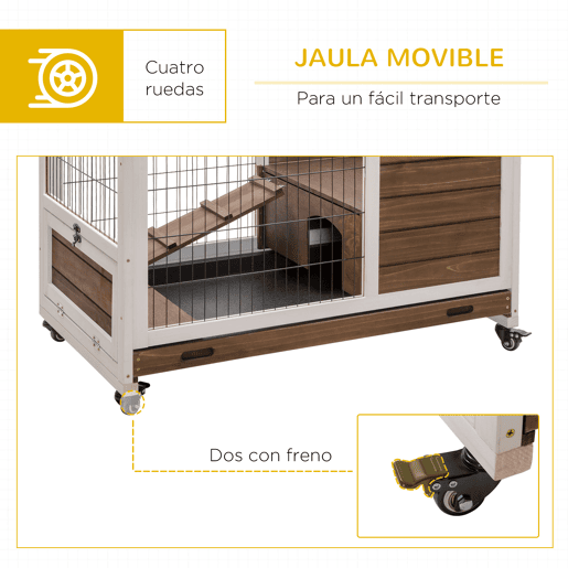 PawHut Coelheira de Madeira Gaiola de para Pequenos Animais Portátil com Teto Abatível Rampa Bandeja Removível para Coelhos da Índia 90x53x59cm Marrom