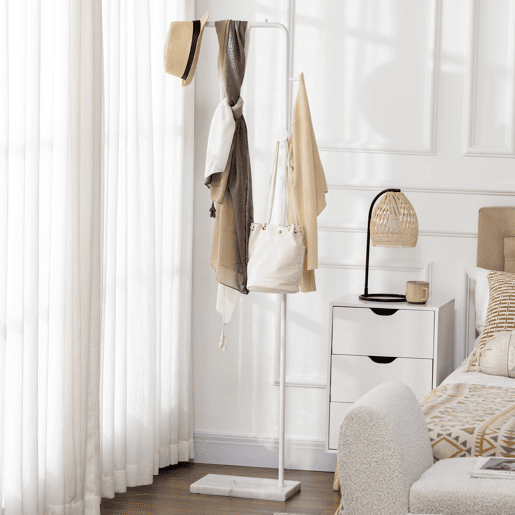 HOMCOM Cabide de Pé Elegante Cabide de Pé para Abrigos com 2 Ganchos Redondos Suspensos e Base de Mármore para Dormitório Corredor Entrada 35x25x170cm Branco