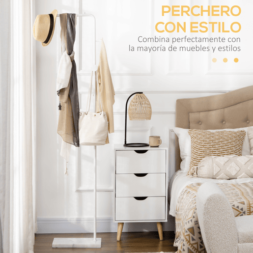 HOMCOM Cabide de Pé Elegante Cabide de Pé para Abrigos com 2 Ganchos Redondos Suspensos e Base de Mármore para Dormitório Corredor Entrada 35x25x170cm Branco