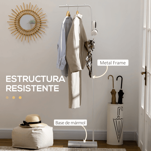 HOMCOM Cabide de Pé Elegante Cabide de Pé para Abrigos com 2 Ganchos Redondos Suspensos e Base de Mármore para Dormitório Corredor Entrada 35x25x170cm Branco