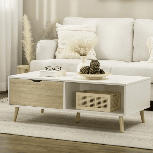 HOMCOM Mesa de Centro Retangular Mesa de Sala de Estar com 2 Gavetas e Compartimentos Abertos Estilo Nórdico para Escritório Dormitório Estúdio 106x58x39,5cm Branco e Madeira