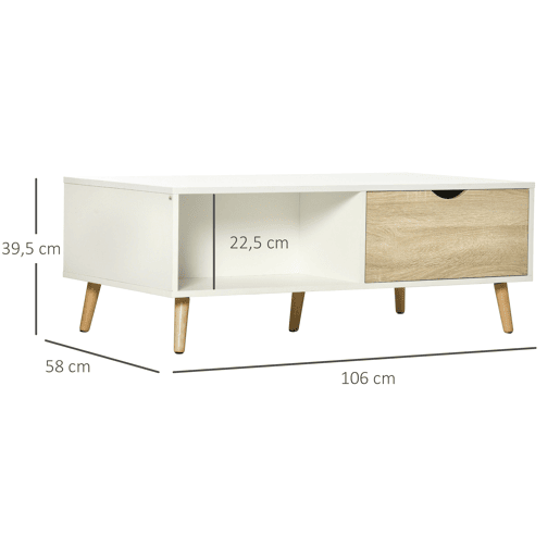 HOMCOM Mesa de Centro Retangular Mesa de Sala de Estar com 2 Gavetas e Compartimentos Abertos Estilo Nórdico para Escritório Dormitório Estúdio 106x58x39,5cm Branco e Madeira