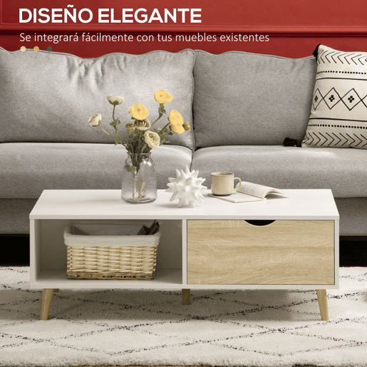HOMCOM Mesa de Centro Retangular Mesa de Sala de Estar com 2 Gavetas e Compartimentos Abertos Estilo Nórdico para Escritório Dormitório Estúdio 106x58x39,5cm Branco e Madeira