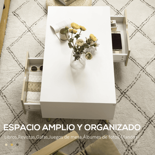 HOMCOM Mesa de Centro Retangular Mesa de Sala de Estar com 2 Gavetas e Compartimentos Abertos Estilo Nórdico para Escritório Dormitório Estúdio 106x58x39,5cm Branco e Madeira