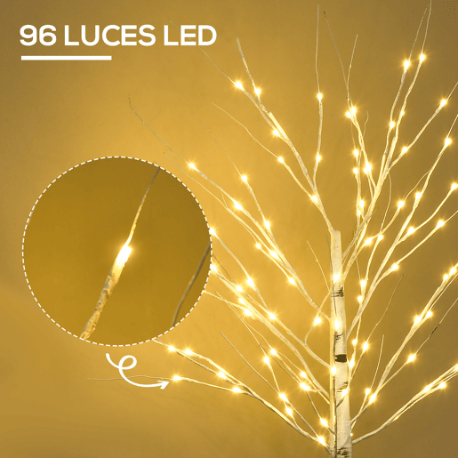 HOMCOM Árvore de Bétula Altura 150cm com 96 Luzes LED IP44 Branco Quente Ramos Flexíveis e Base de Candeeiro Árvore de Decoração de Natal para Interiores 22x22x150cm Branco HOMCOM Árvore de Bétula Altura 150cm com 96 Luzes LED IP44 Branco Quente Ramos Flexíveis e Base de Candeeiro Árvore de Decoração de Natal para Interiores 22x22x150cm Branco