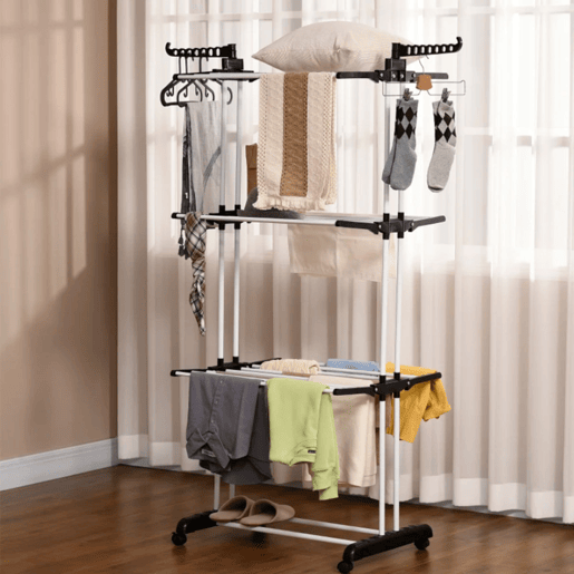 HOMCOM Estendal Dobrável para Roupa com Rodas Estendal Vertical de Aço com 3 Níveis Laterais Dobráveis Carga Máxima 70kg 73x64x177cm Preto e Branco