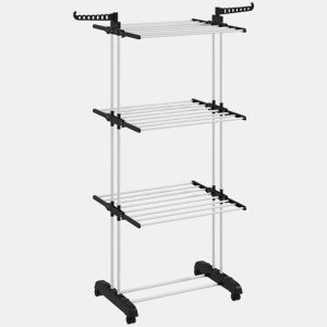 HOMCOM Estendal Dobrável para Roupa com Rodas Estendal Vertical de Aço com 3 Níveis Laterais Dobráveis Carga Máxima 70kg 73x64x177cm Preto e Branco