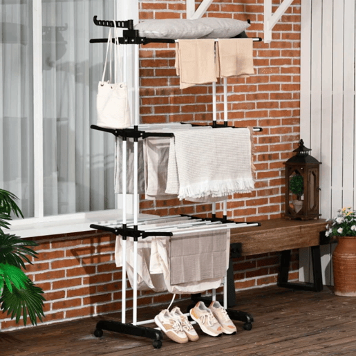 HOMCOM Estendal Dobrável para Roupa com Rodas Estendal Vertical de Aço com 3 Níveis Laterais Dobráveis Carga Máxima 70kg 73x64x177cm Preto e Branco