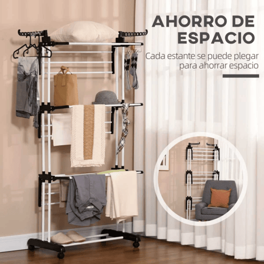 HOMCOM Estendal Dobrável para Roupa com Rodas Estendal Vertical de Aço com 3 Níveis Laterais Dobráveis Carga Máxima 70kg 73x64x177cm Preto e Branco