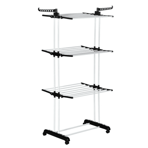 HOMCOM Estendal Dobrável para Roupa com Rodas Estendal Vertical de Aço com 3 Níveis Laterais Dobráveis Carga Máxima 70kg 73x64x177cm Preto e Branco