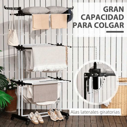 HOMCOM Estendal Dobrável para Roupa com Rodas Estendal Vertical de Aço com 3 Níveis Laterais Dobráveis Carga Máxima 70kg 73x64x177cm Preto e Branco