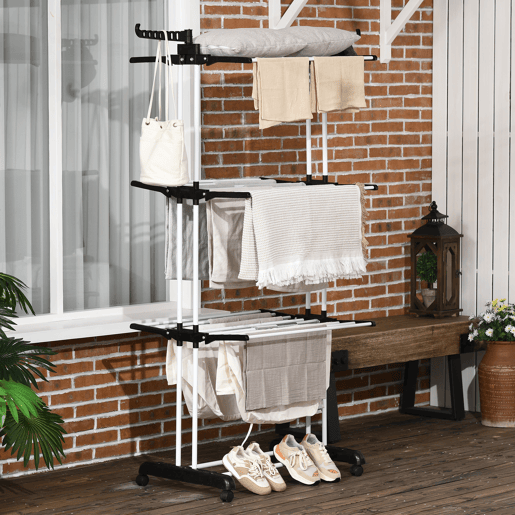 HOMCOM Estendal Dobrável para Roupa com Rodas Estendal Vertical de Aço com 3 Níveis Laterais Dobráveis Carga Máxima 70kg 73x64x177cm Preto e Branco