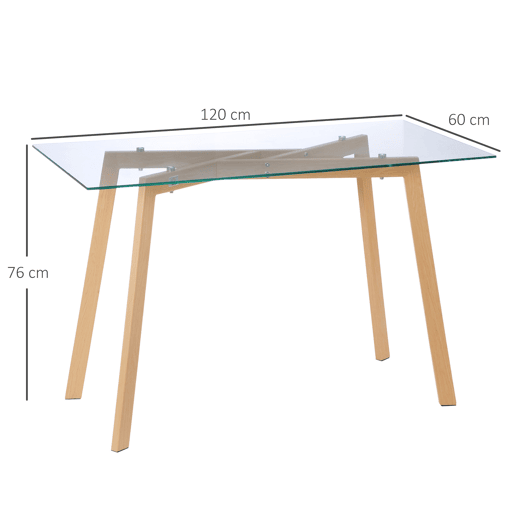 HOMCOM Mesa de Jantar para 4 Pessoas Mesa de Cozinha Moderna com Bancada de Vidro Temperado e Pés de Aço com Efeito de Madeira para Sala de Jantar 120x60x76cm Transparente e Madeira